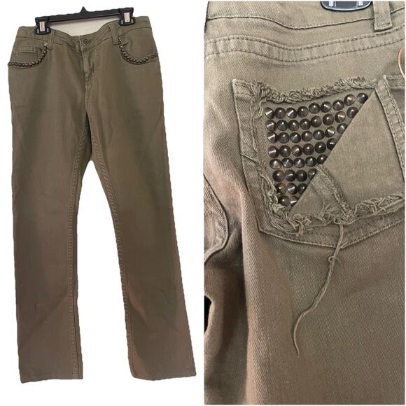 Zadig & Voltaire Green Studded Distressed London Grunge Straight Leg Jeans 25 - Picture 1 of 9